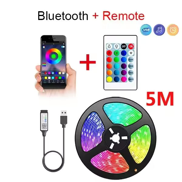 5M Tape Bluetooth USB LED Strip Light 5050 SMD 5V USB RGB Lights Flexible LED Lamp Tape Ribbon RGB Self-adhesive TV Desktop Diode