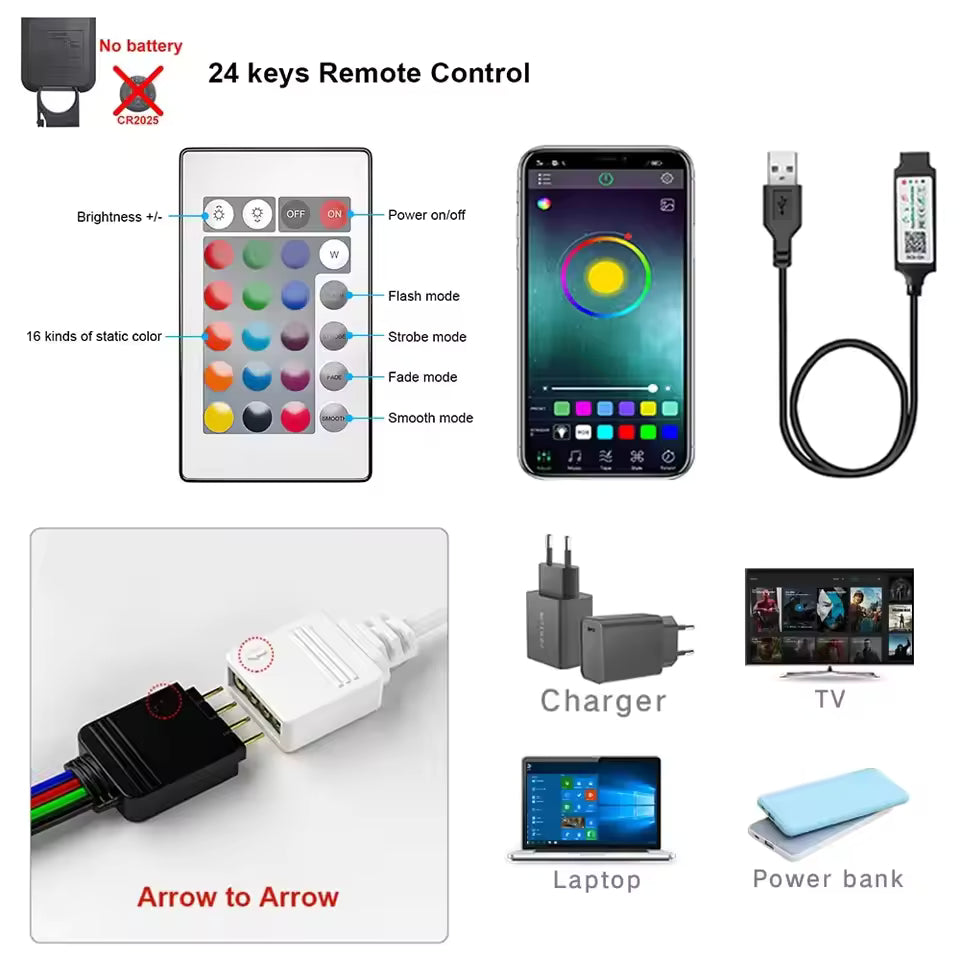 5M Tape Bluetooth USB LED Strip Light 5050 SMD 5V USB RGB Lights Flexible LED Lamp Tape Ribbon RGB Self-adhesive TV Desktop Diode