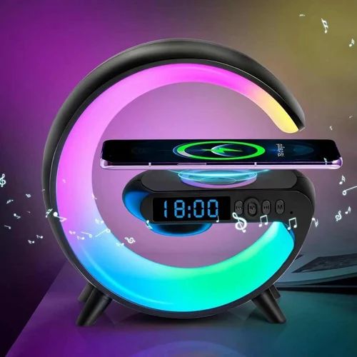 G-Shape Bluetooth Speaker With FM Radio RGB Light Table Lamp Wireless Charger